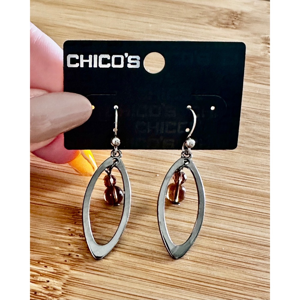 Chicos Lilybelle Silver Tone Oval Hoop Smoky Brown Beaded Drop Earrings NEW - Picture 3 of 8